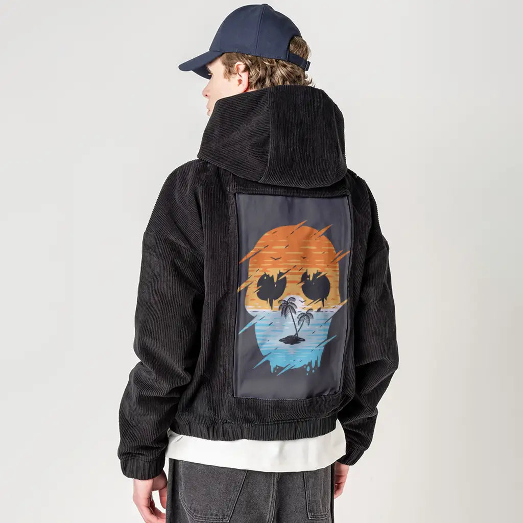 skullsunset patch on male retro cord hoodie in onyx