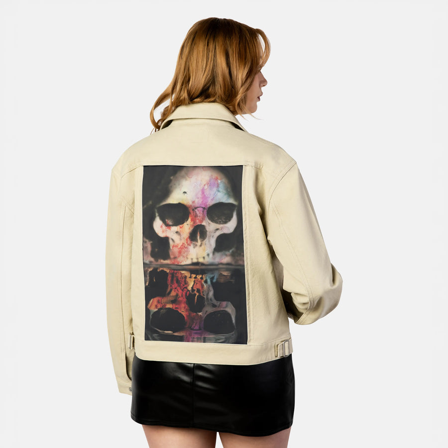 skullwithfly patch on female atelier canvas jacket in tan