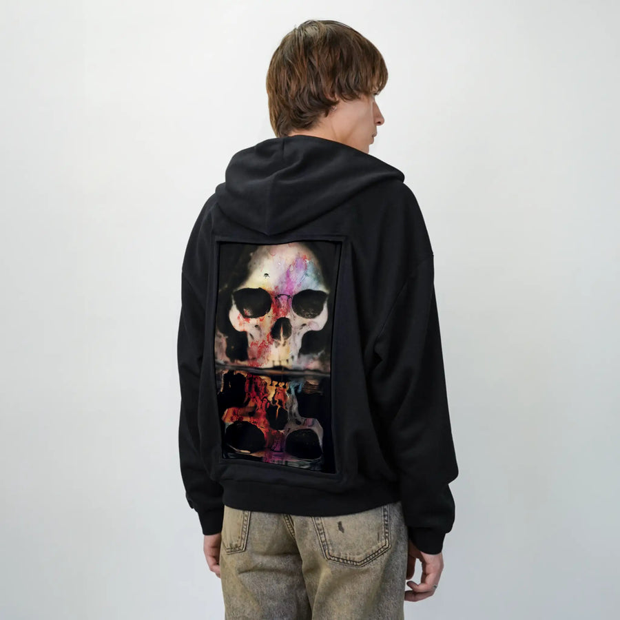 skullwithfly patch on male essential zip hoodie in after hours