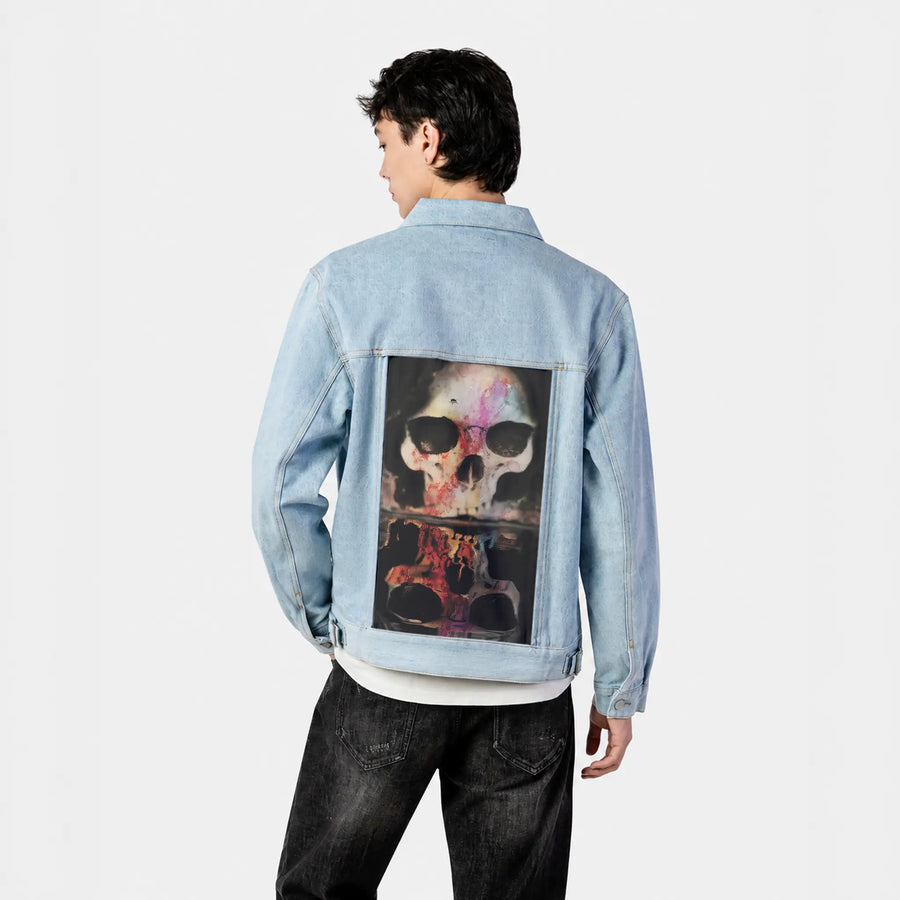 skullwithfly patch on male og denim jacket in oceanside