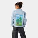 slimevalley patch on female og denim jacket in oceanside