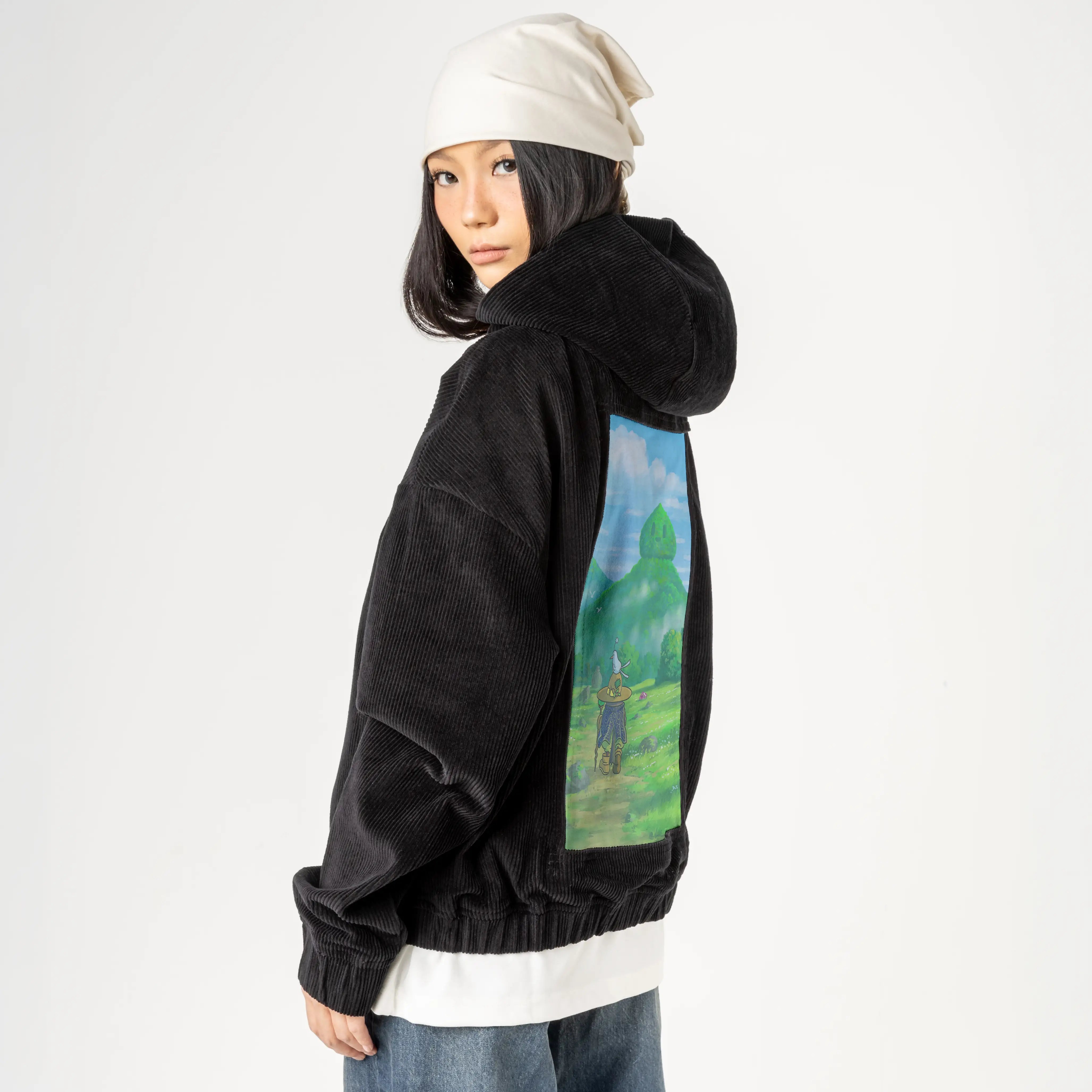 slimevalley patch on female retro cord hoodie in onyx