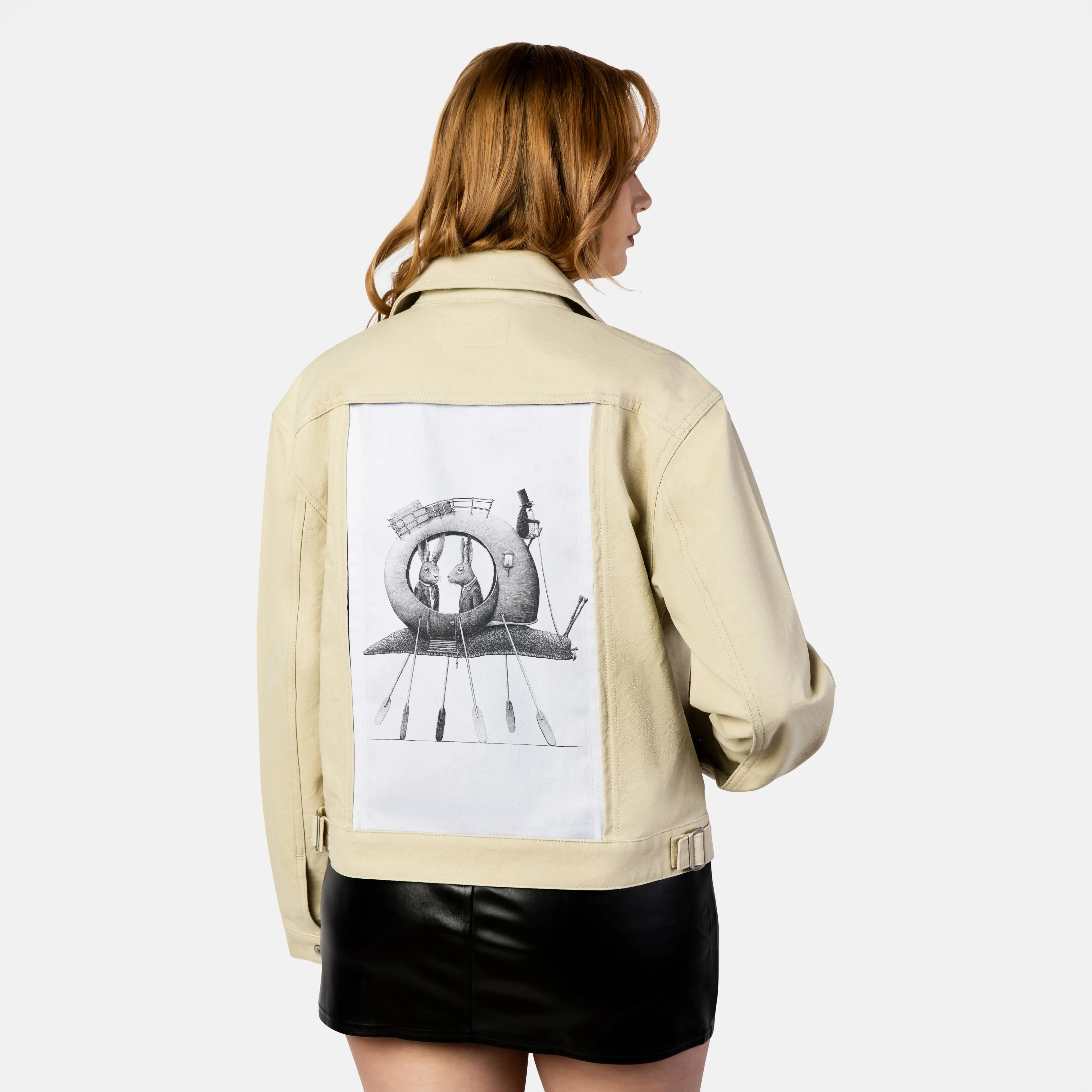slowandsteady patch on female atelier canvas jacket in tan