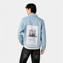 slowandsteady patch on male og denim jacket in oceanside