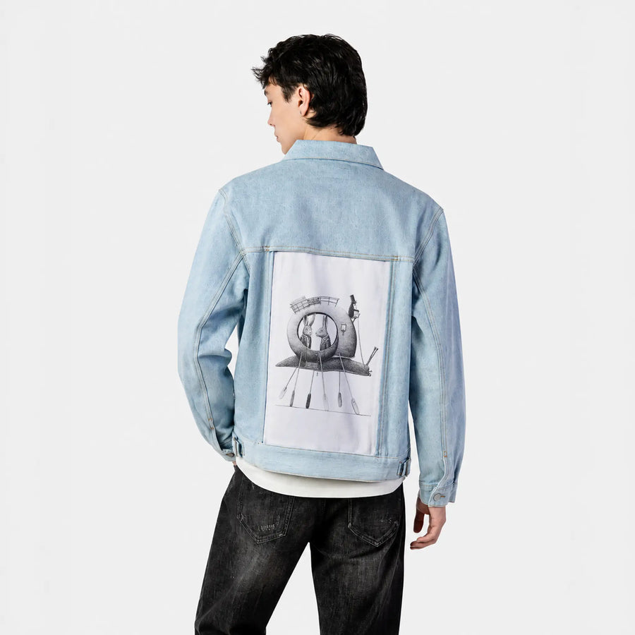 slowandsteady patch on male og denim jacket in oceanside