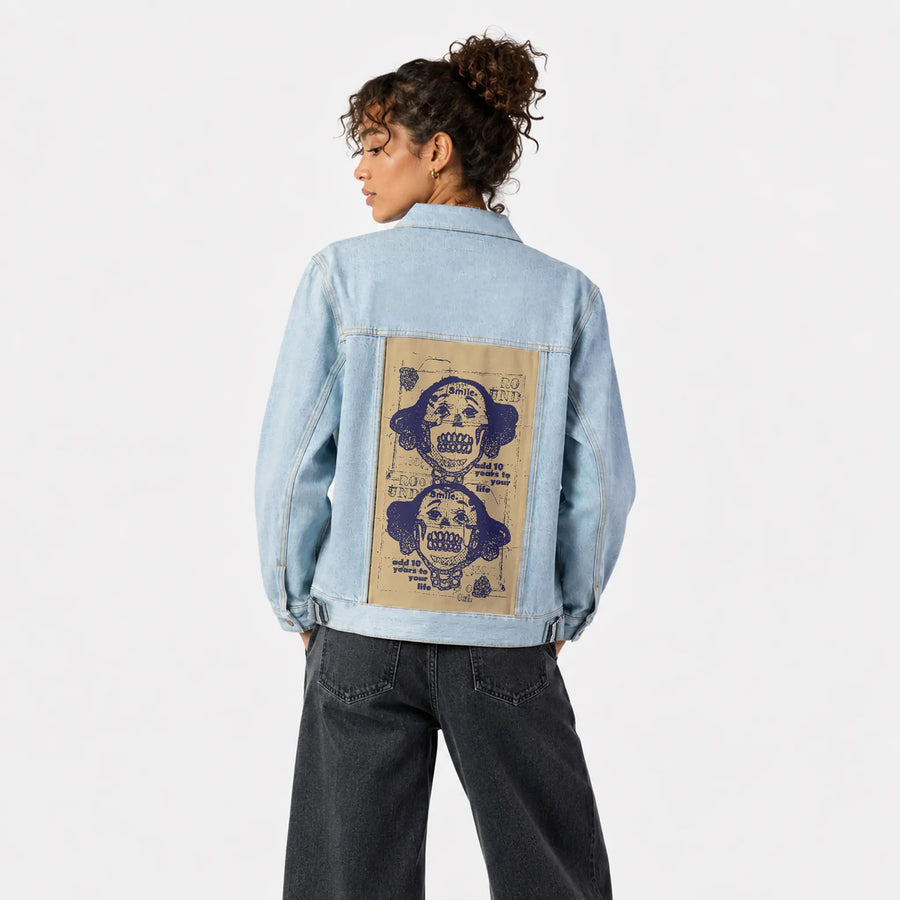 smilelive patch on female og denim jacket in oceanside