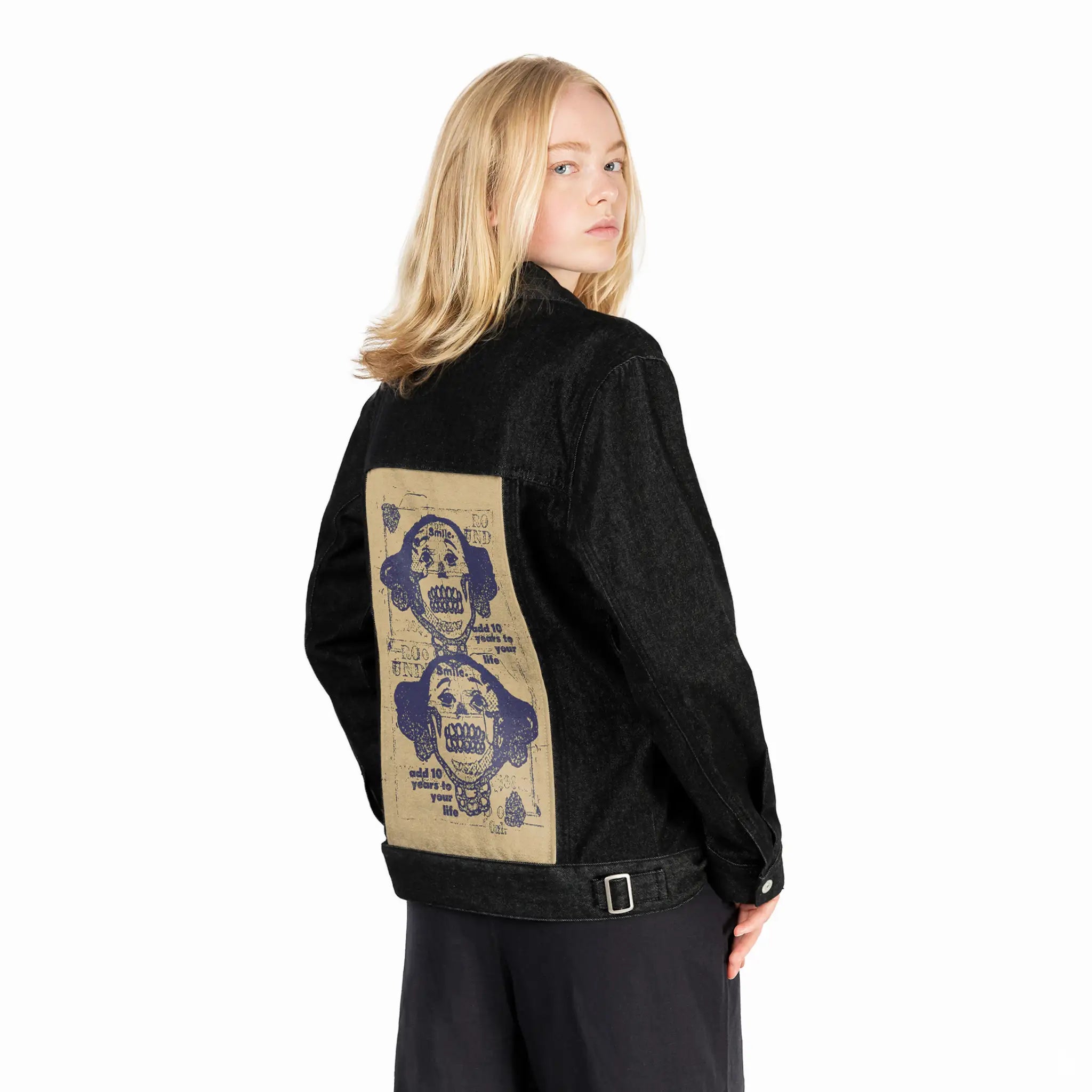 smilelive patch on female og denim jacket in raven