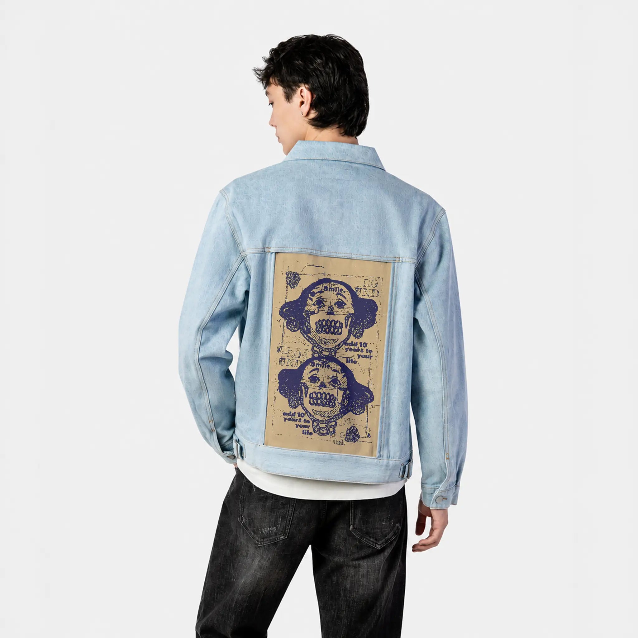 smilelive patch on male og denim jacket in oceanside