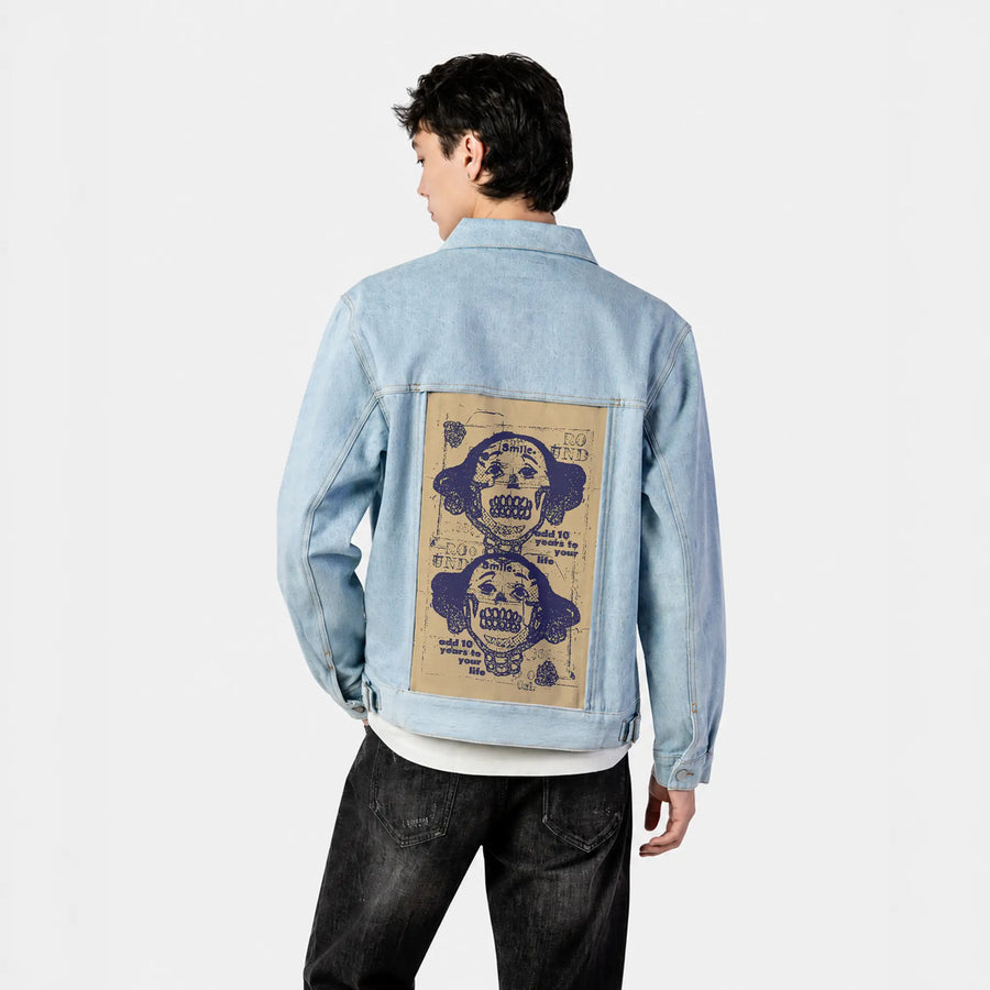 smilelive patch on male og denim jacket in oceanside