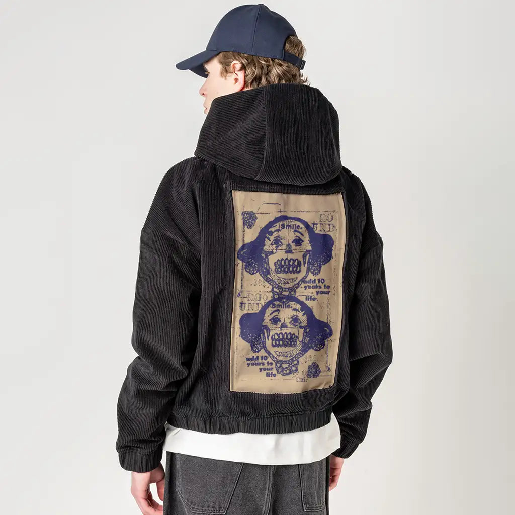 smilelive patch on male retro cord hoodie in onyx