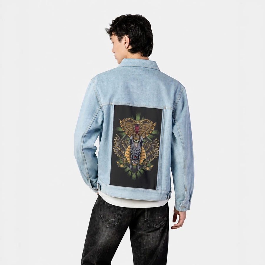 snakeanubis patch on male og denim jacket in oceanside