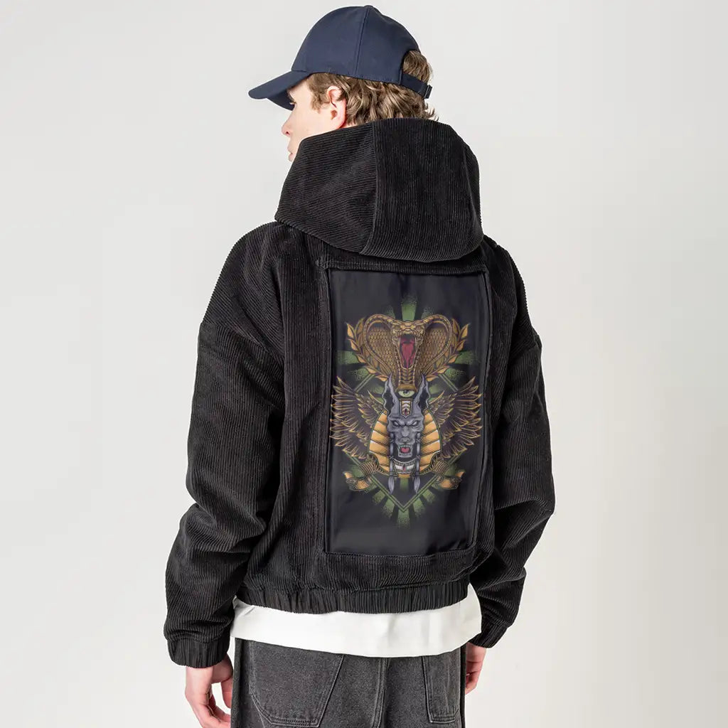 snakeanubis patch on male retro cord hoodie in onyx