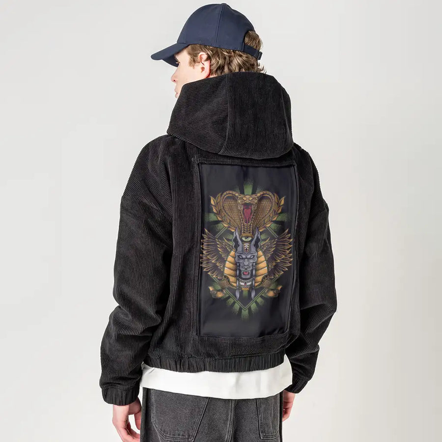 snakeanubis patch on male retro cord hoodie in onyx