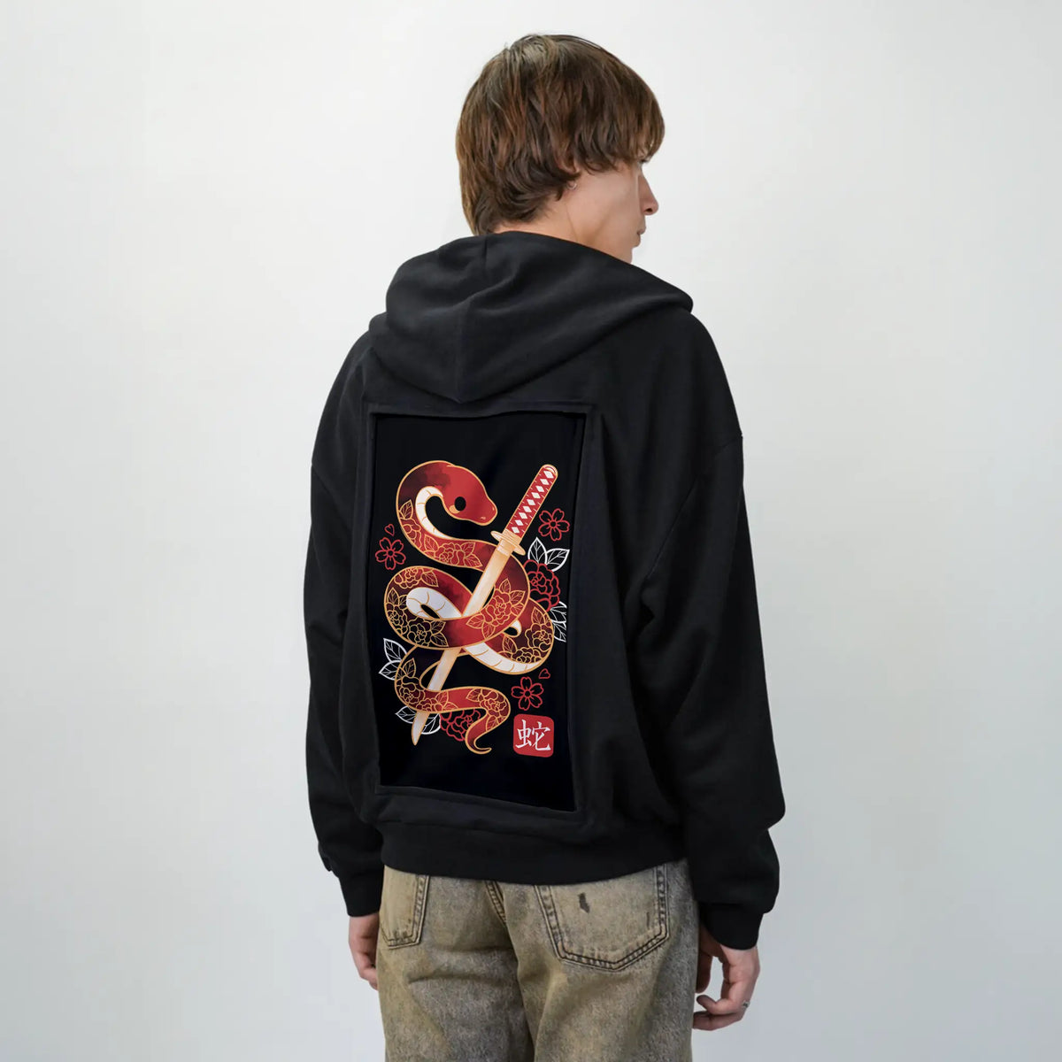 snakesamurai patch on male essential zip hoodie in after hours