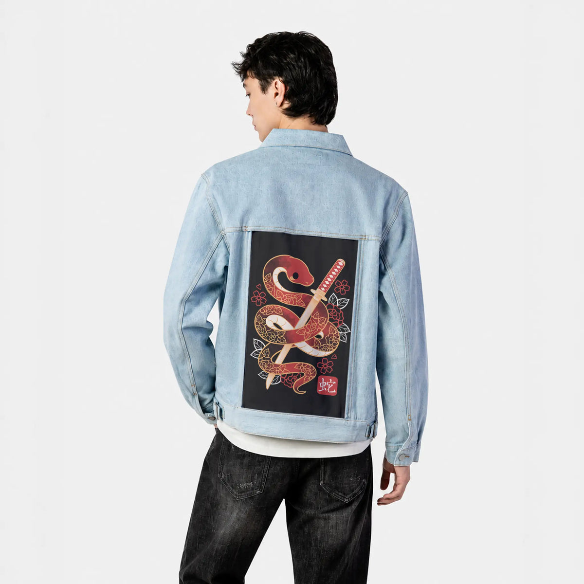 snakesamurai patch on male og denim jacket in oceanside