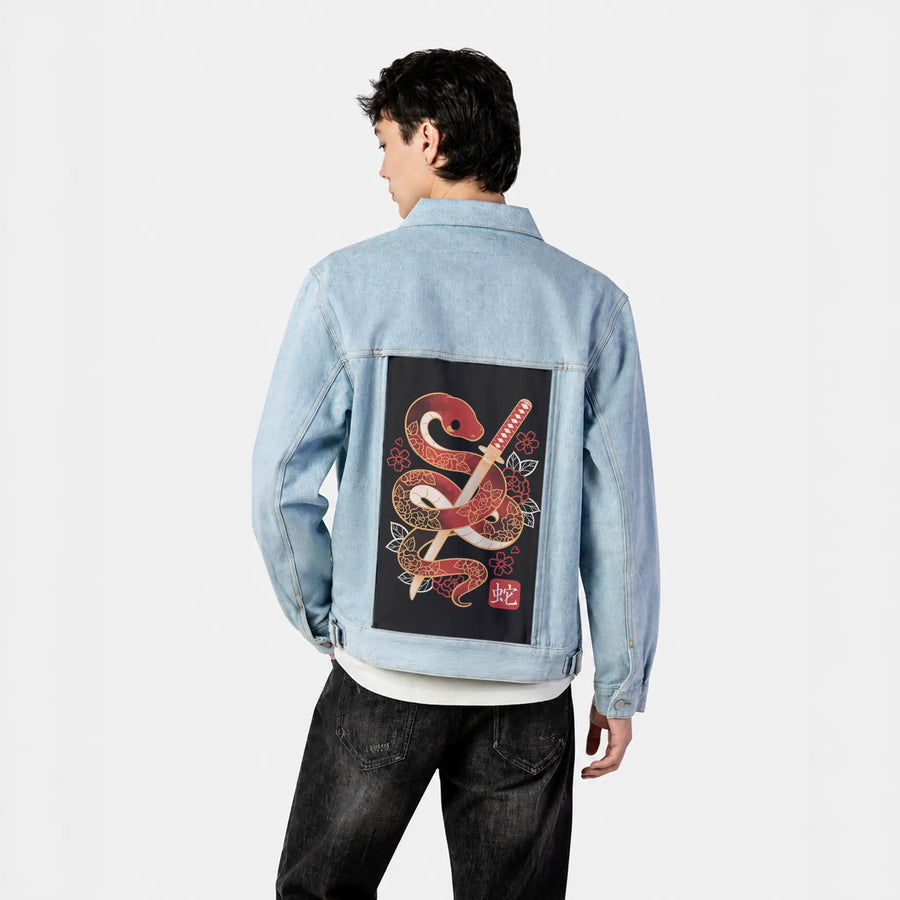 snakesamurai patch on male og denim jacket in oceanside