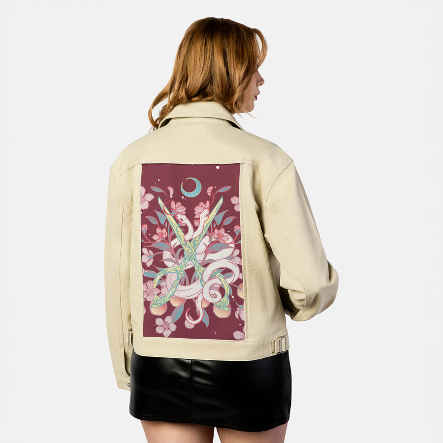 snakesandshears patch on female atelier canvas jacket in tan