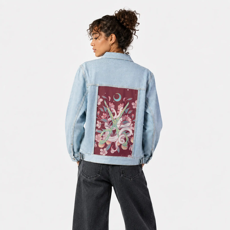 snakesandshears patch on female og denim jacket in oceanside