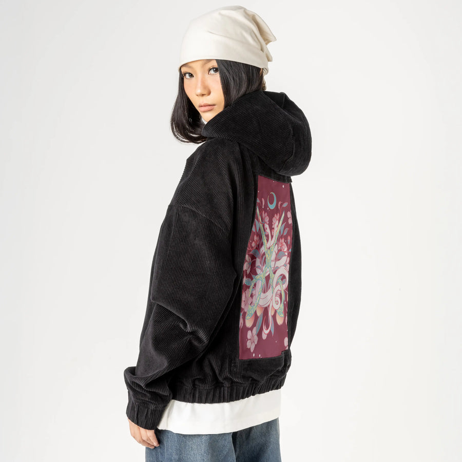 snakesandshears patch on female retro cord hoodie in onyx