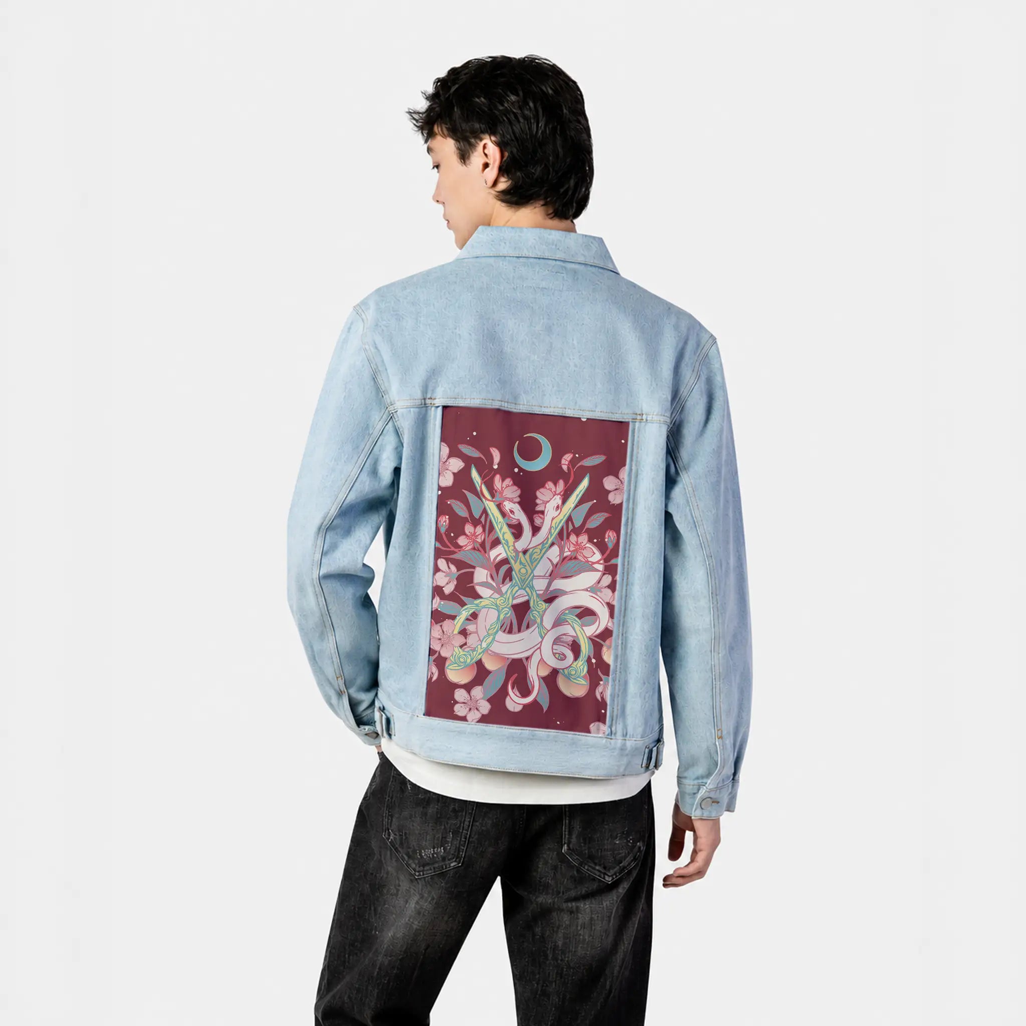 snakesandshears patch on male og denim jacket in oceanside