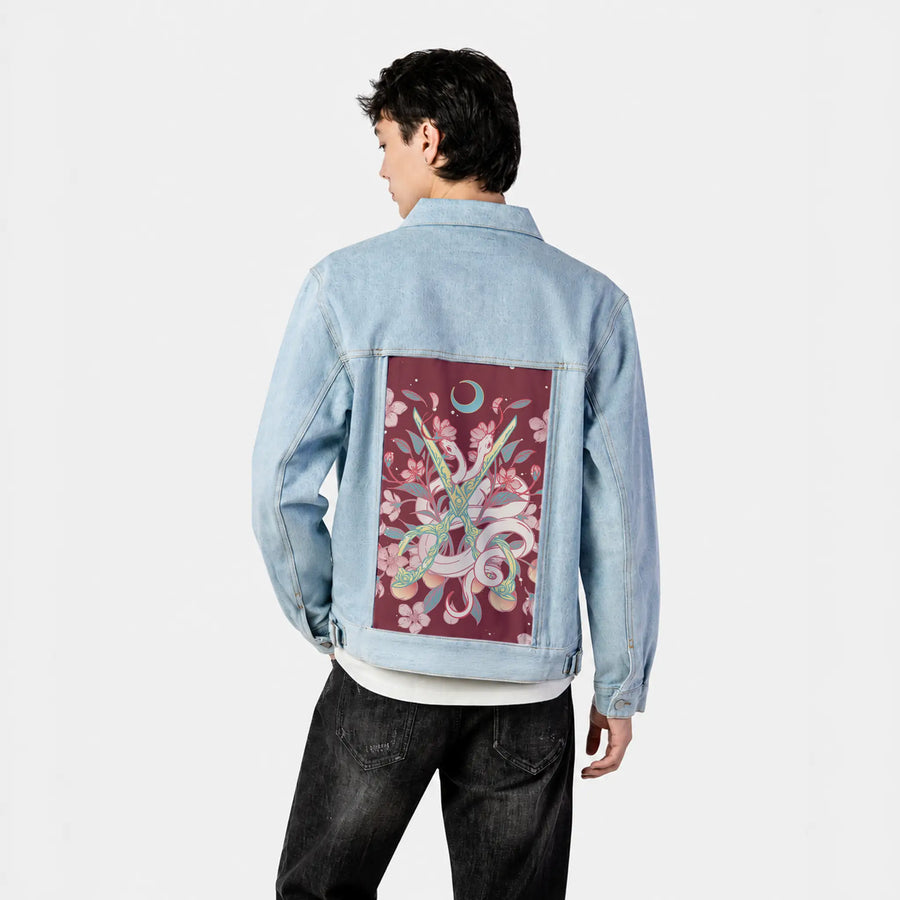 snakesandshears patch on male og denim jacket in oceanside