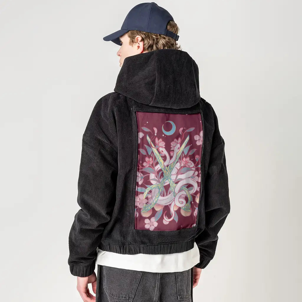 snakesandshears patch on male retro cord hoodie in onyx