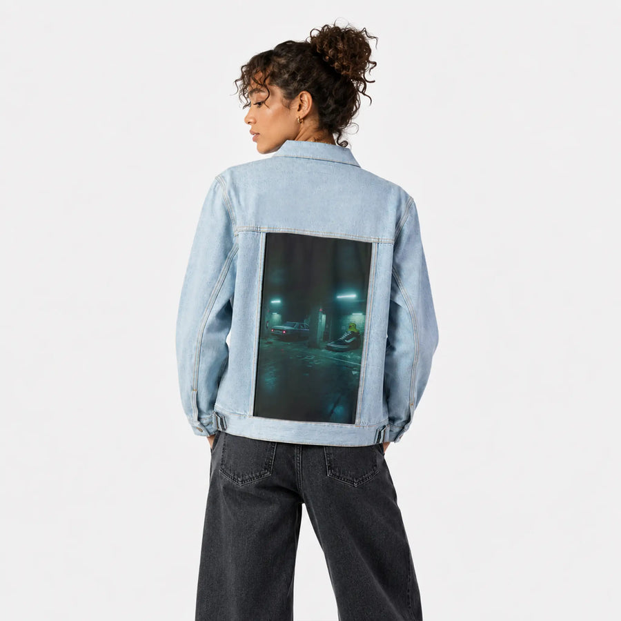 sneakyducky patch on female og denim jacket in oceanside