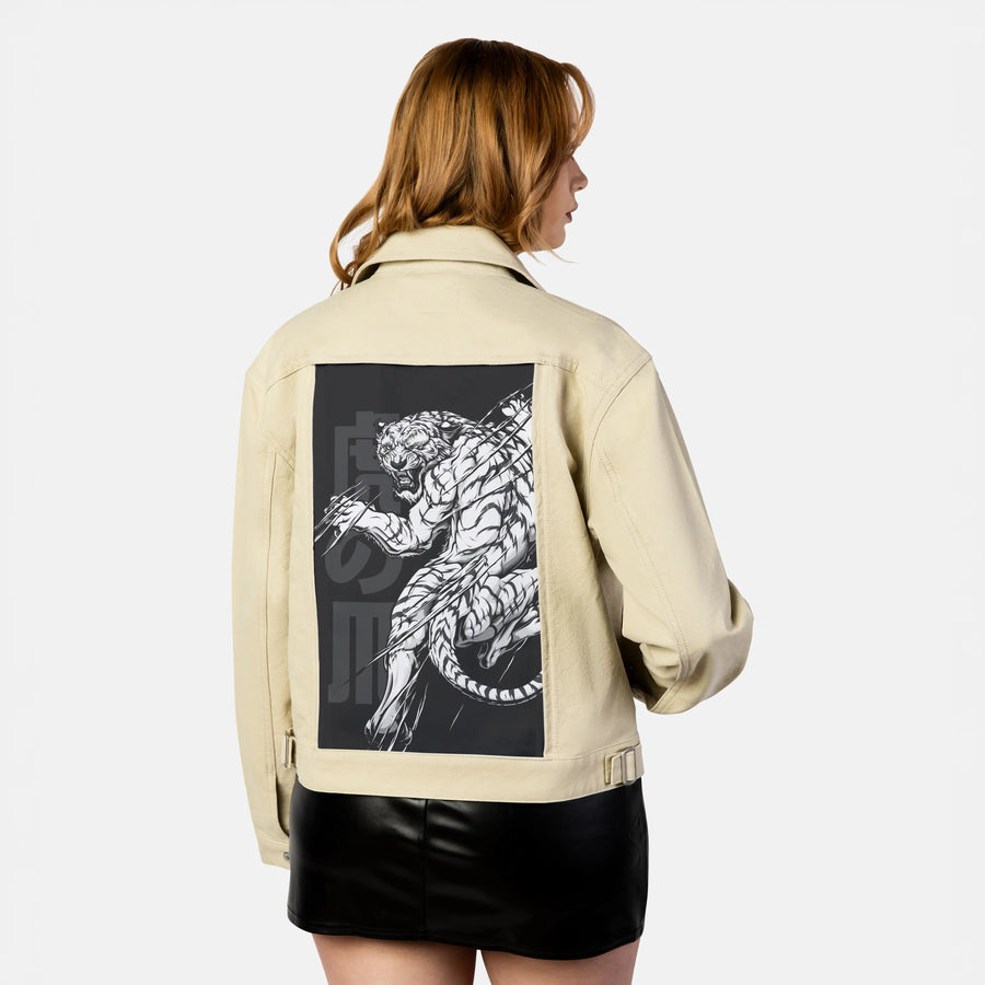 snowtiger patch on female atelier canvas jacket in tan