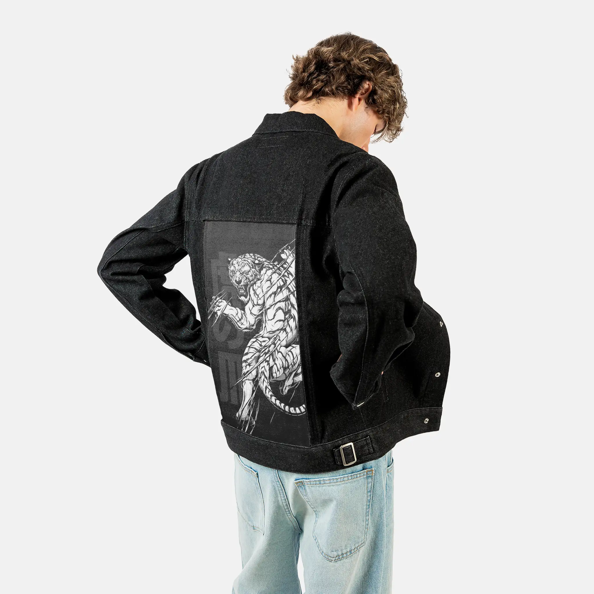 snowtiger patch on male og denim jacket in raven