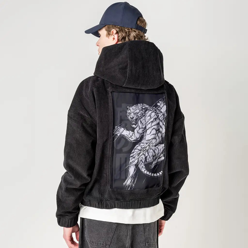 snowtiger patch on male retro cord hoodie in onyx