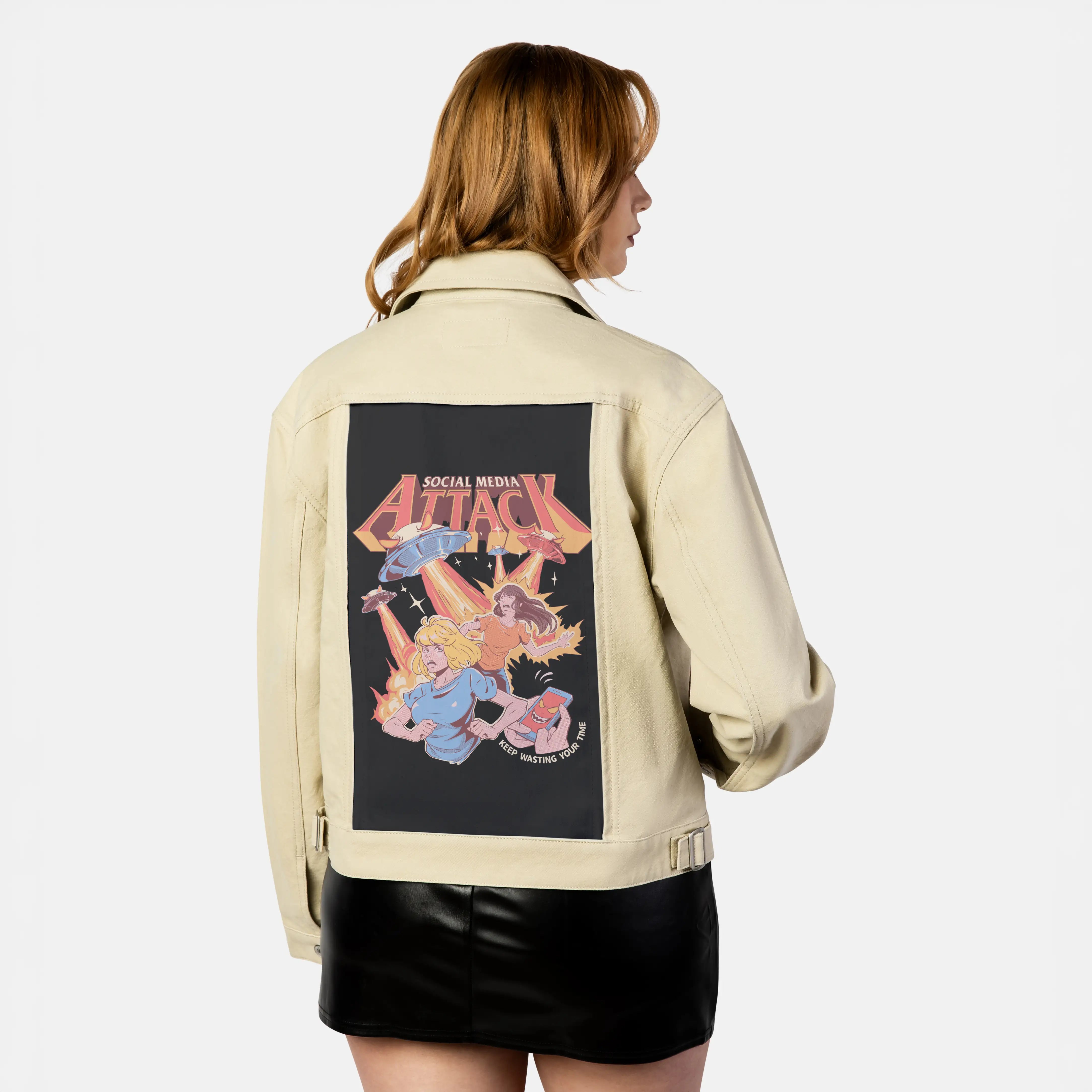 socialmediaattack patch on female atelier canvas jacket in tan