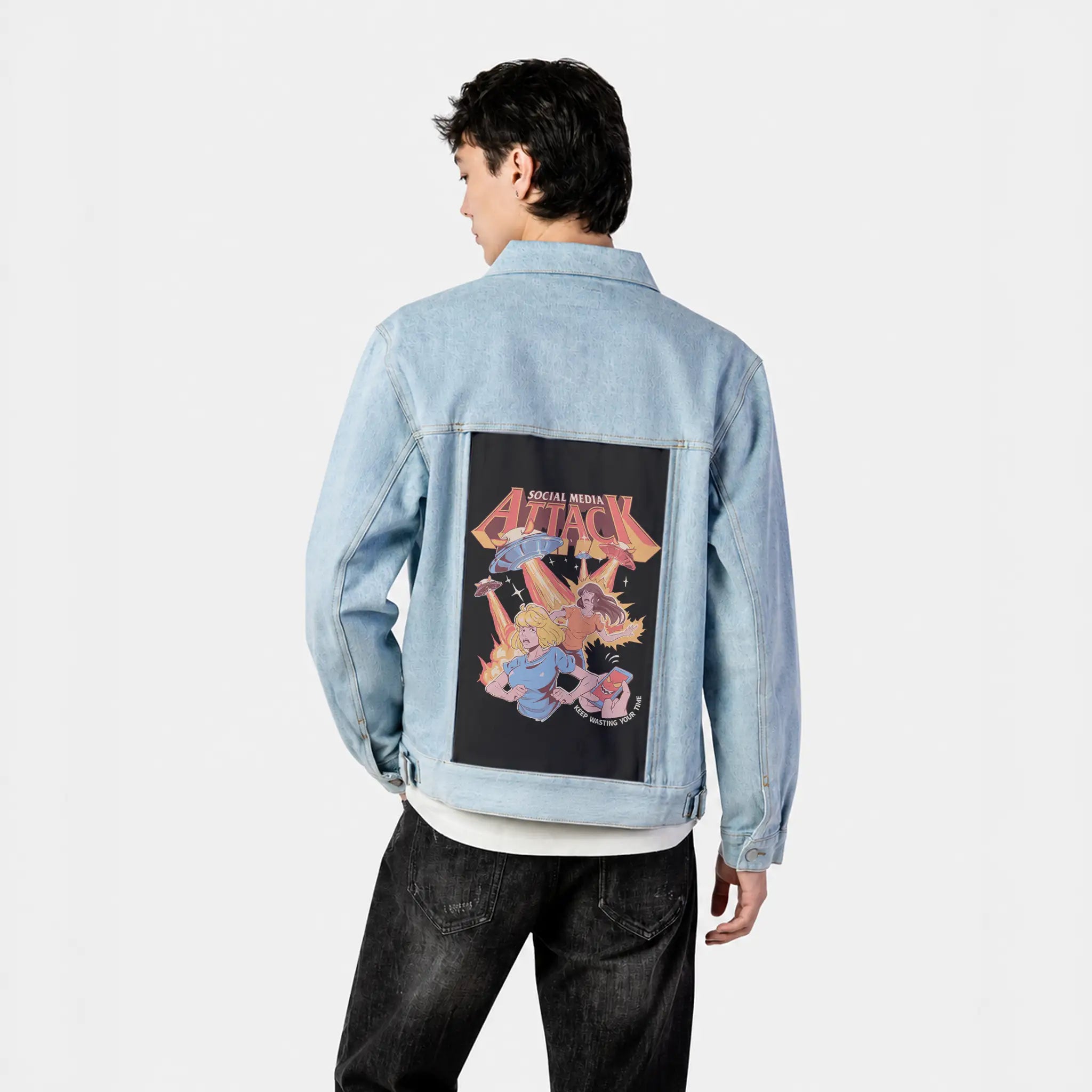 socialmediaattack patch on male og denim jacket in oceanside
