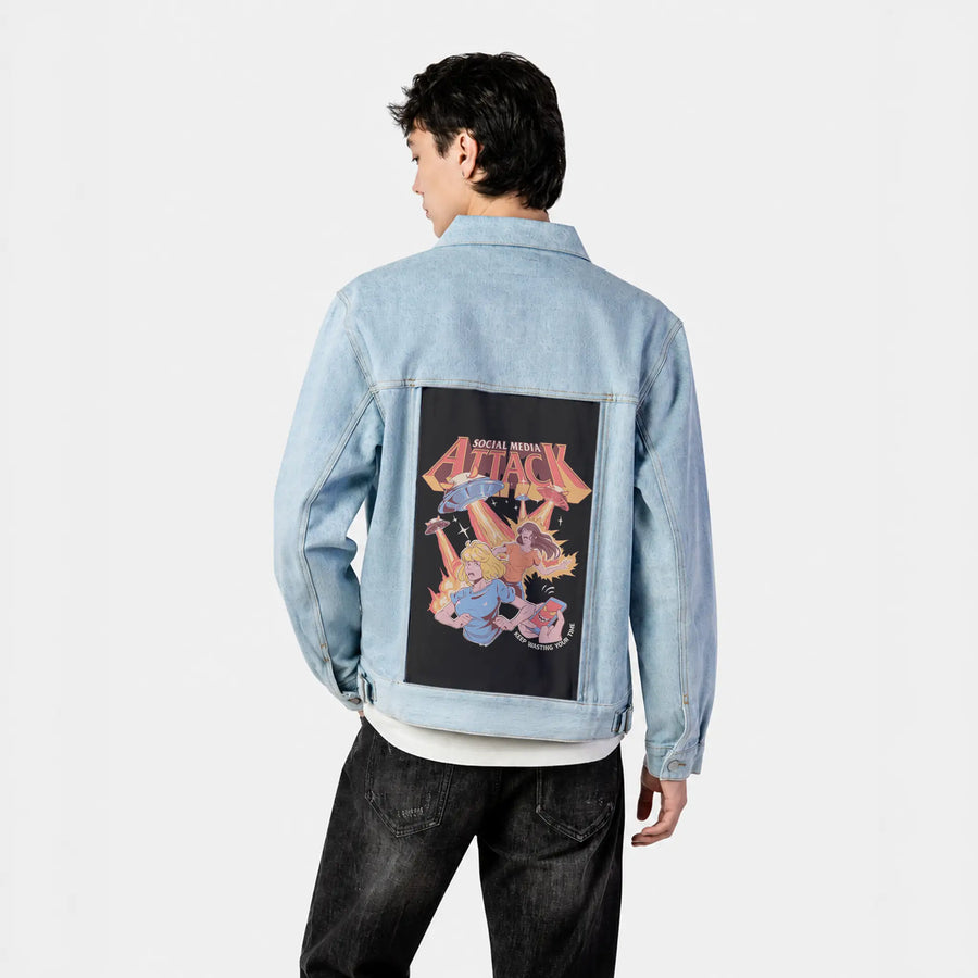 socialmediaattack patch on male og denim jacket in oceanside