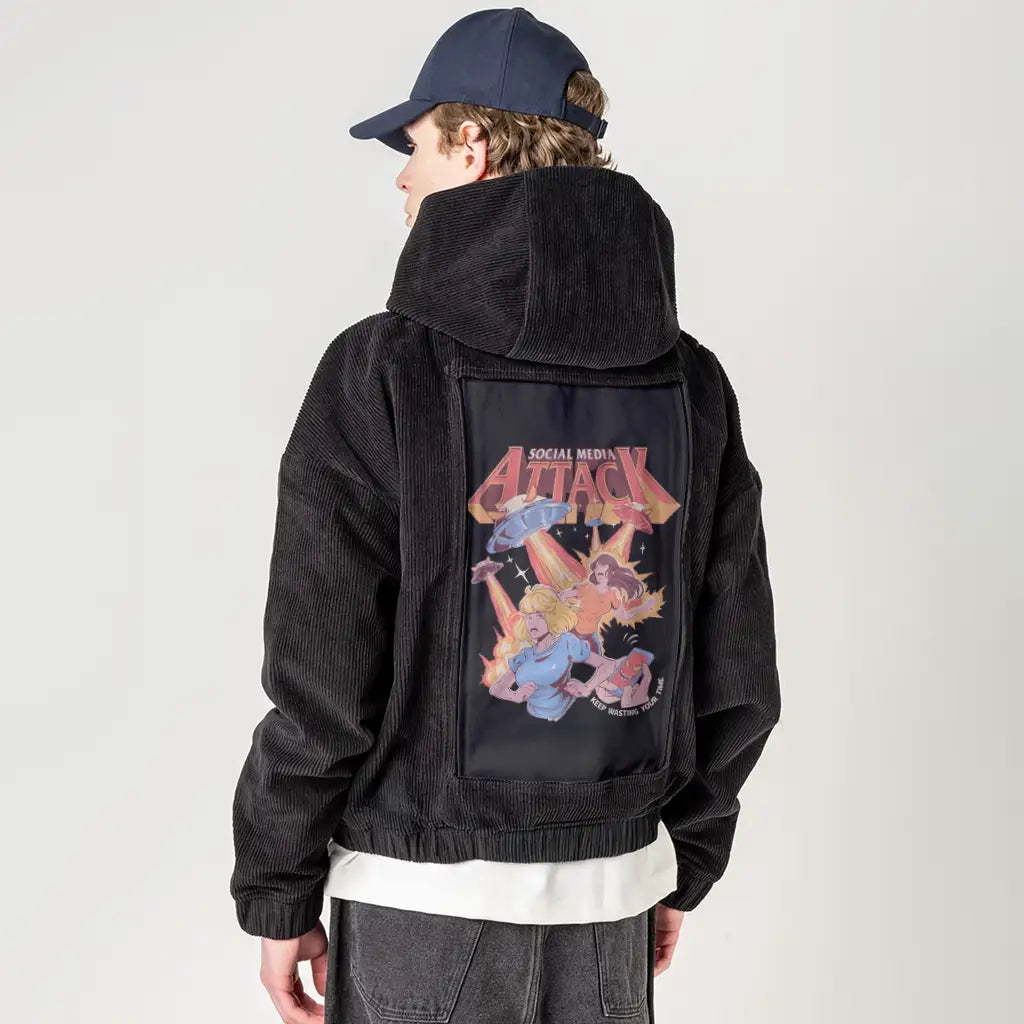 socialmediaattack patch on male retro cord hoodie in onyx