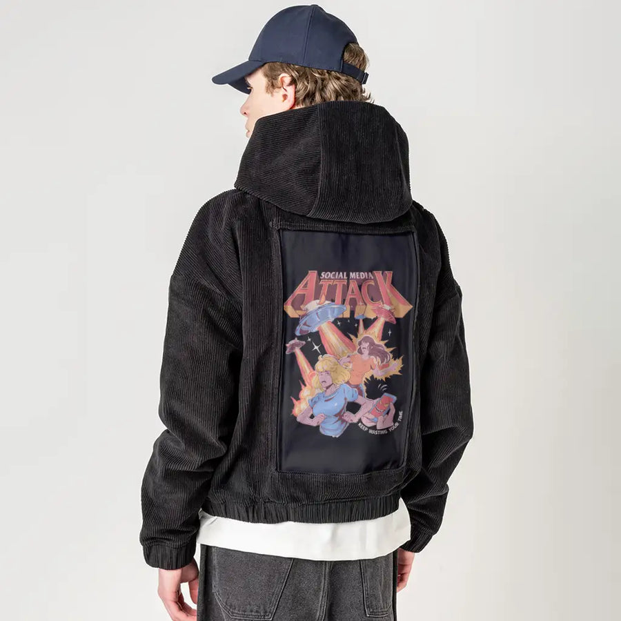 socialmediaattack patch on male retro cord hoodie in onyx