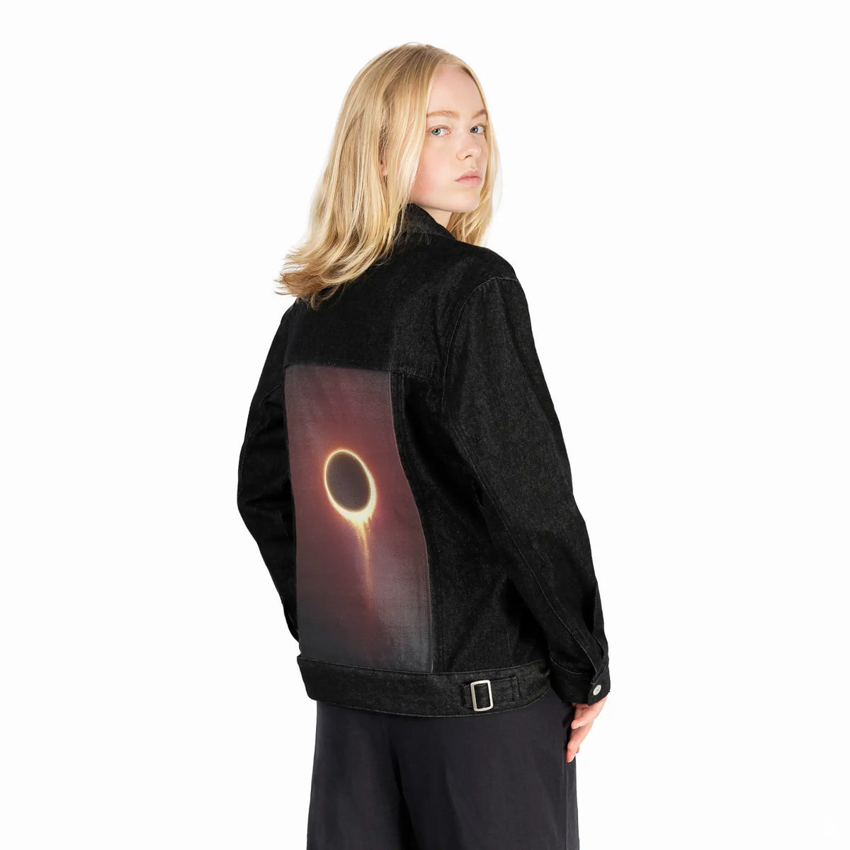 solareclipse patch on female og denim jacket in raven