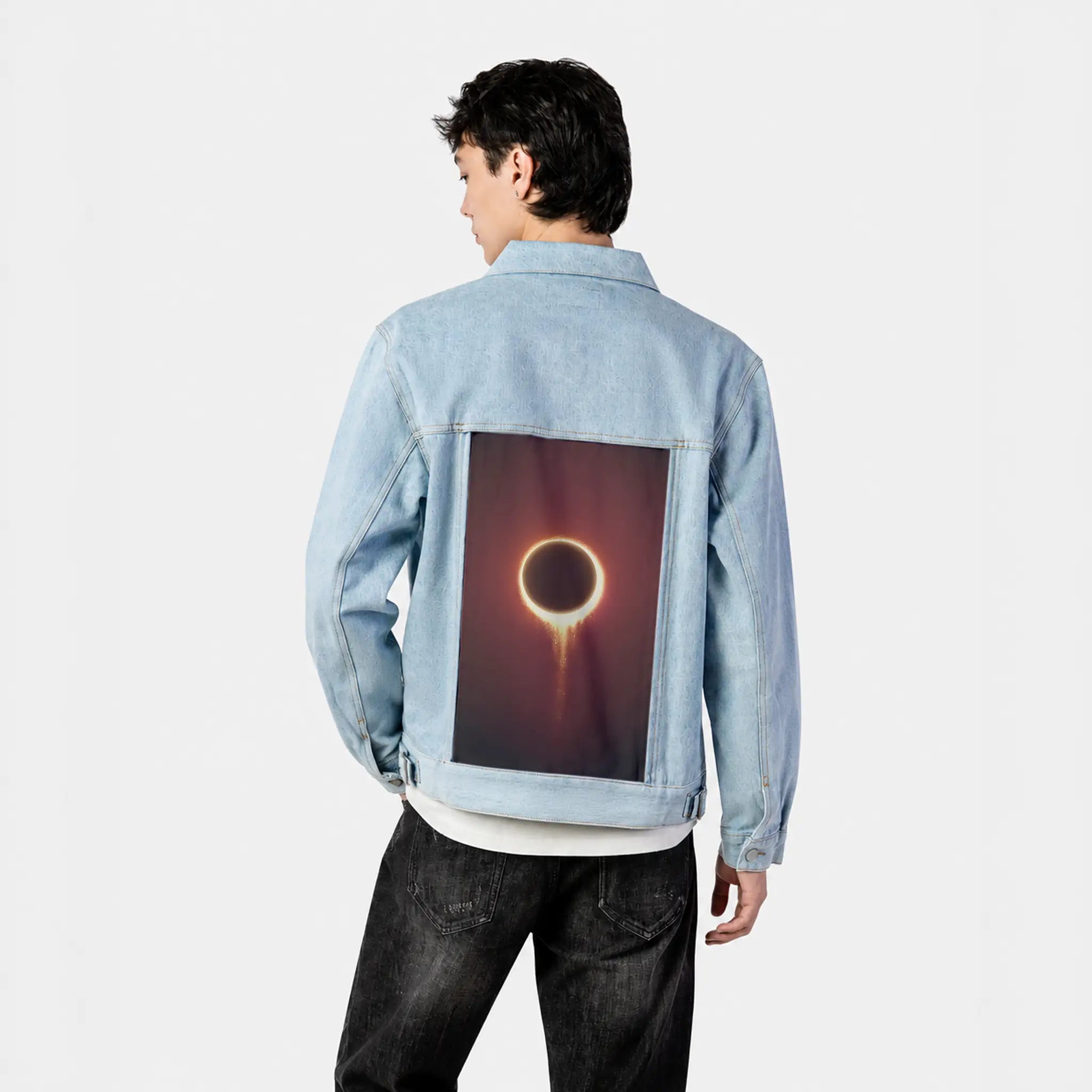 solareclipse patch on male og denim jacket in oceanside