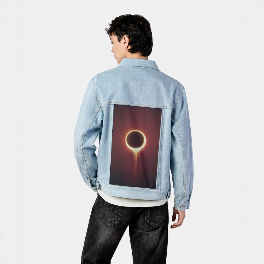 solareclipse patch on male og denim jacket in oceanside