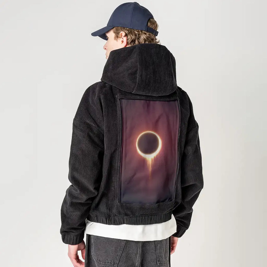 solareclipse patch on male retro cord hoodie in onyx