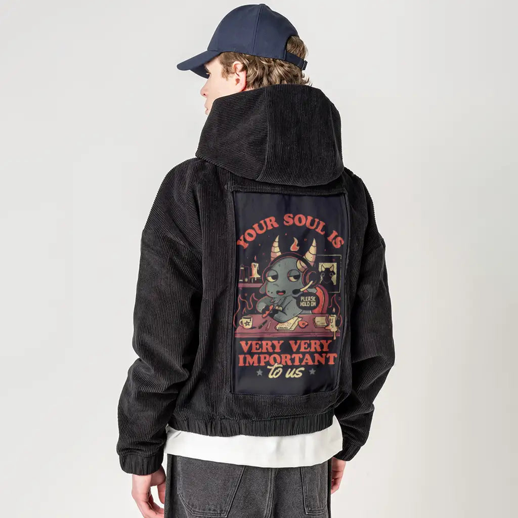 soulisimportant patch on male retro cord hoodie in onyx