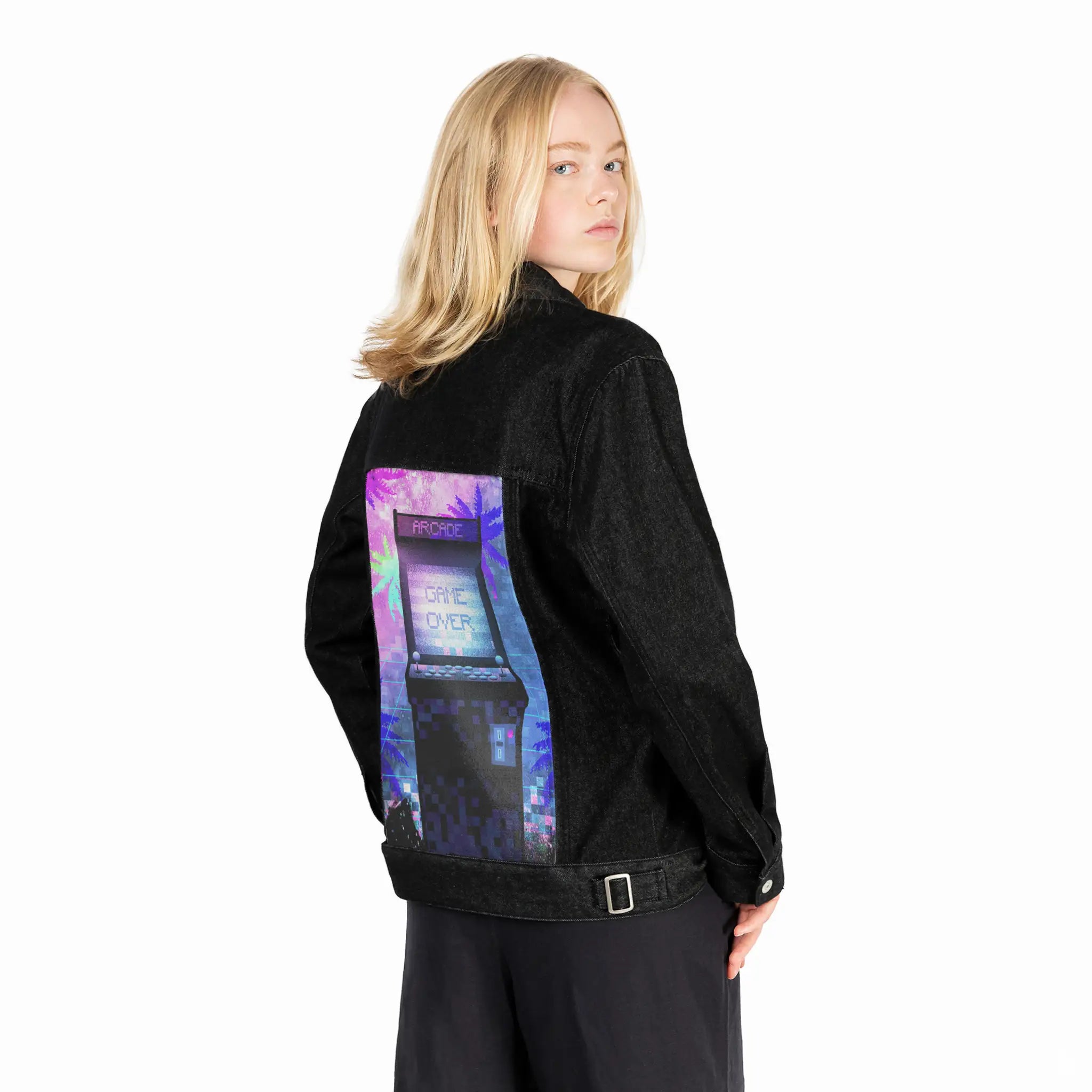 soulofthearcade patch on female og denim jacket in raven