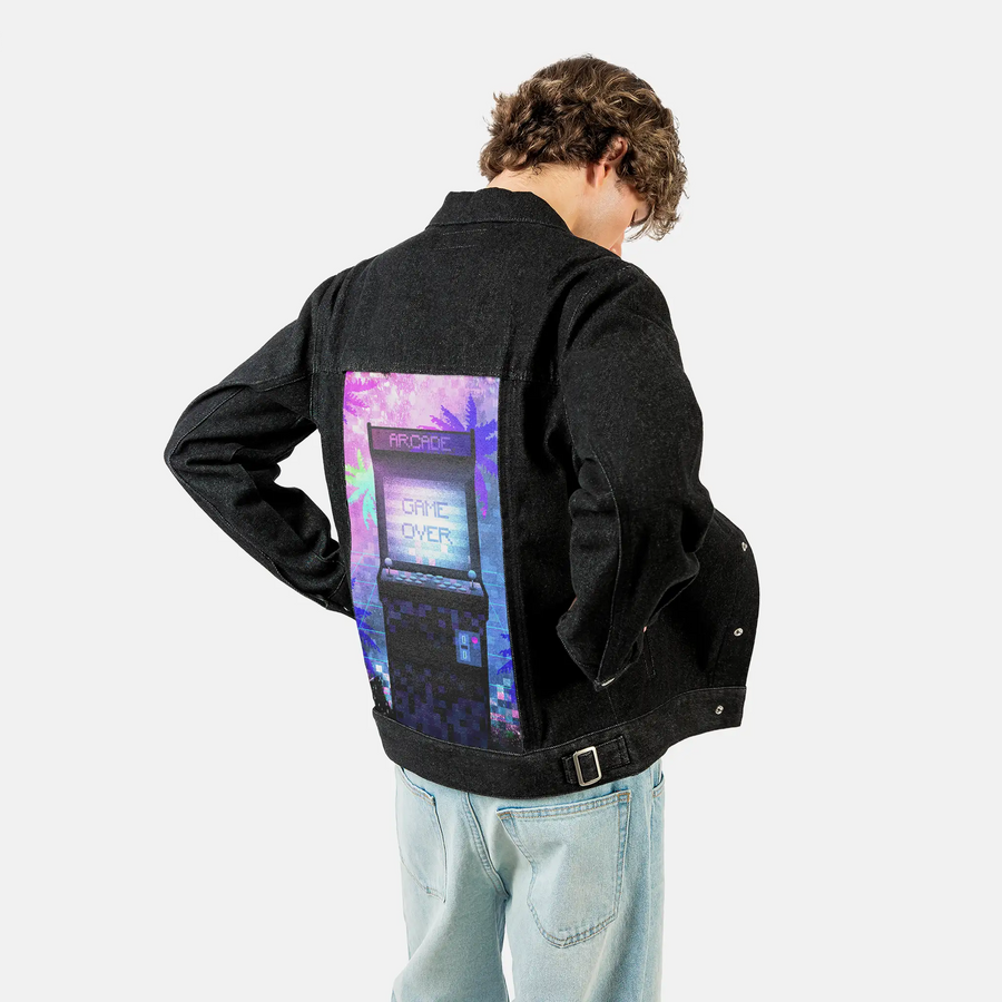 soulofthearcade patch on male og denim jacket in raven