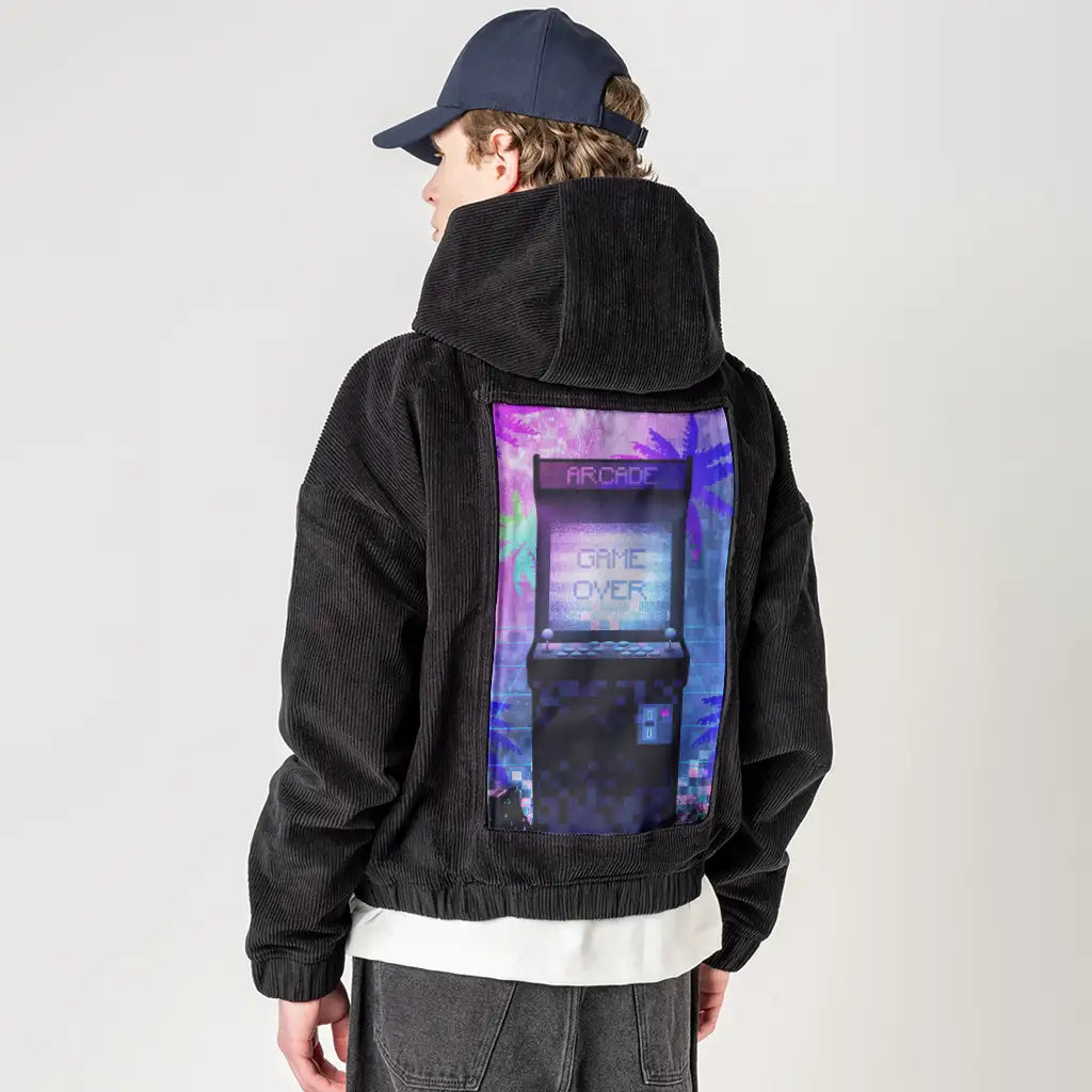 soulofthearcade patch on male retro cord hoodie in onyx