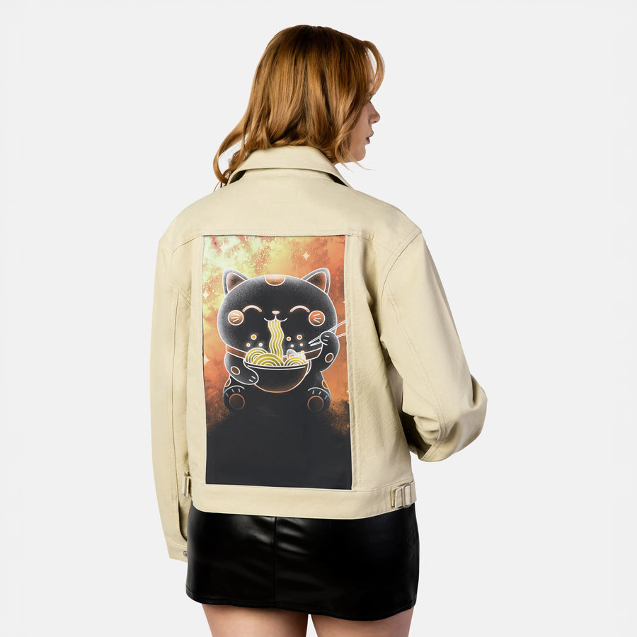 souloftheluckyramencat patch on female atelier canvas jacket in tan