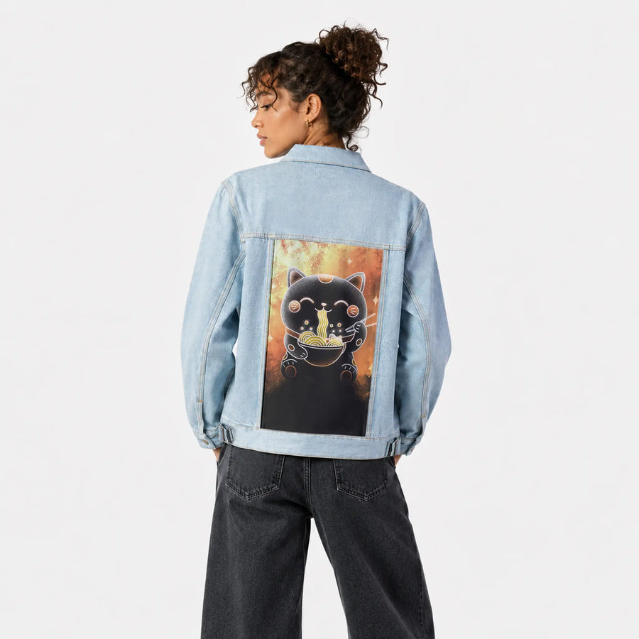 souloftheluckyramencat patch on female og denim jacket in oceanside