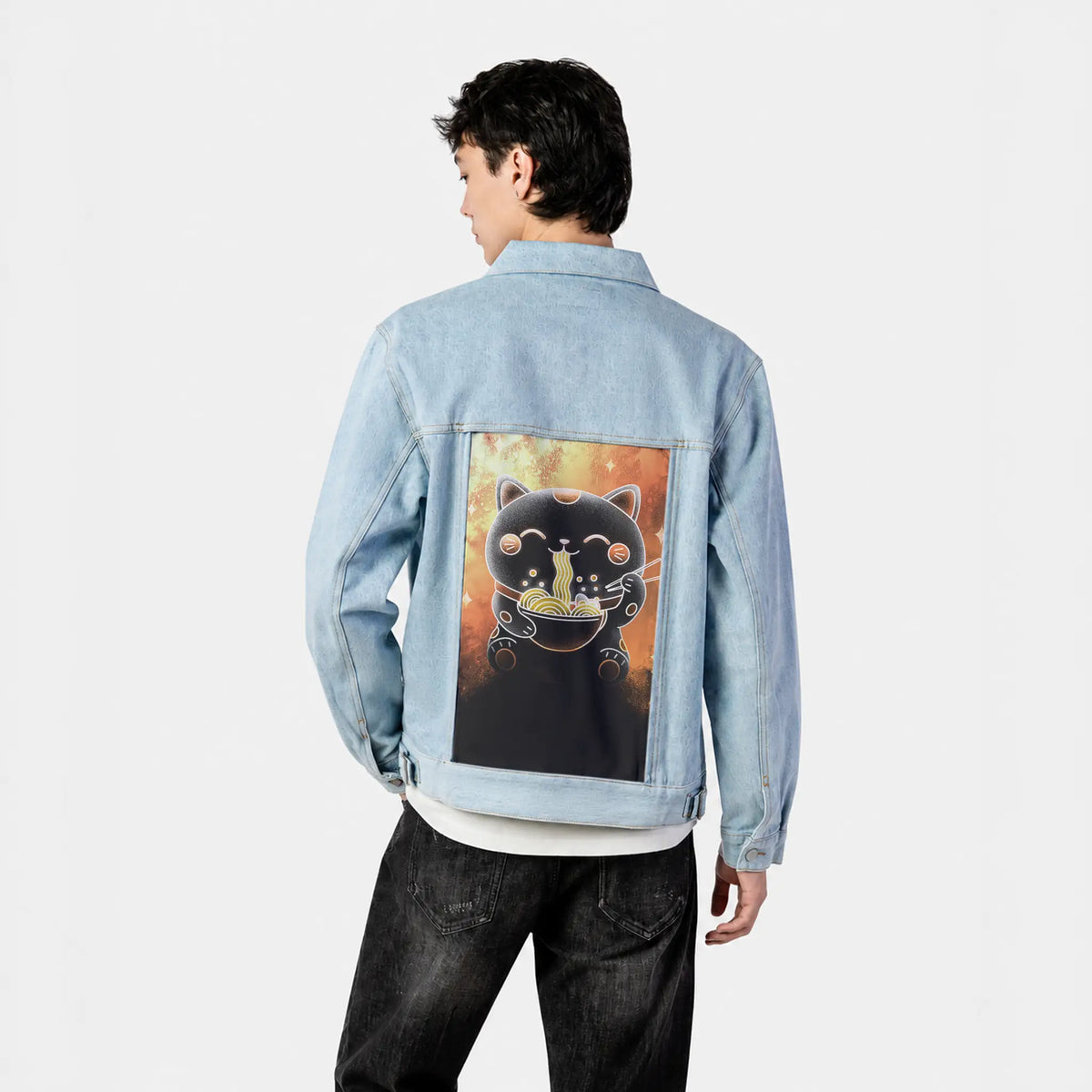 souloftheluckyramencat patch on male og denim jacket in oceanside
