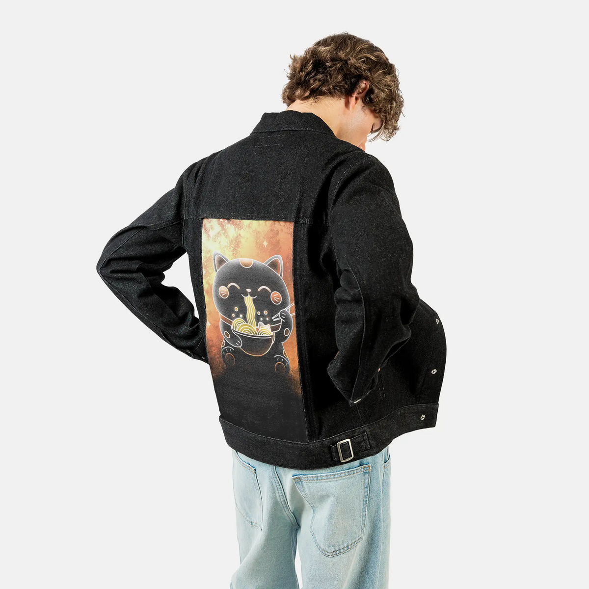 souloftheluckyramencat patch on male og denim jacket in raven