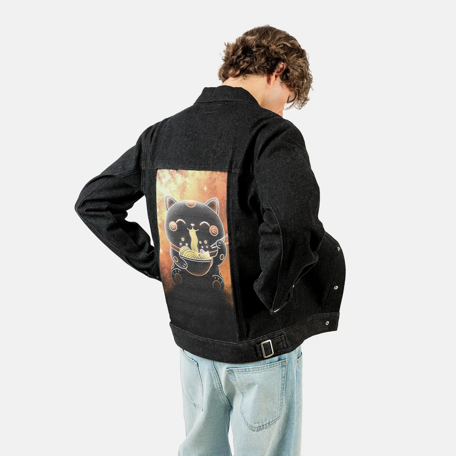 souloftheluckyramencat patch on male og denim jacket in raven