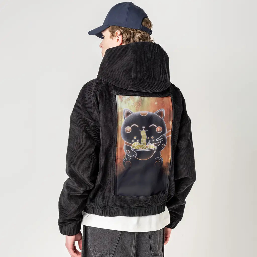 souloftheluckyramencat patch on male retro cord hoodie in onyx