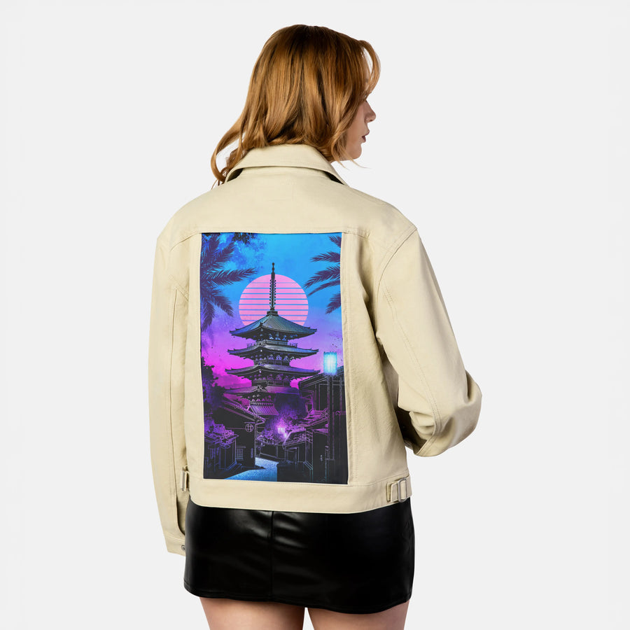 souloftheretroyasakapagoda patch on female atelier canvas jacket in tan